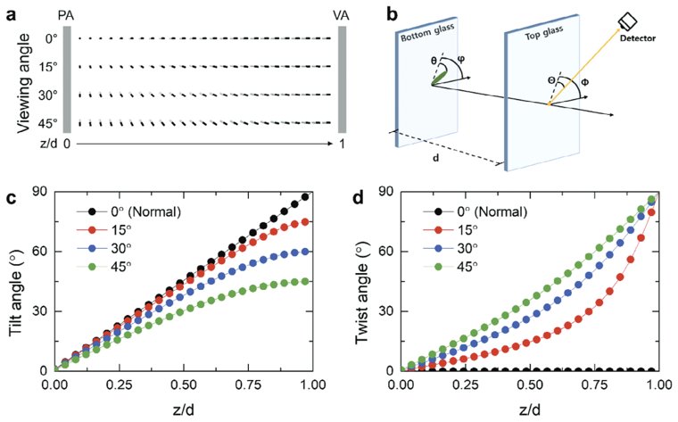 Director distribution and tilt/twist angles in the HAN polarization rotator versus viewing angle